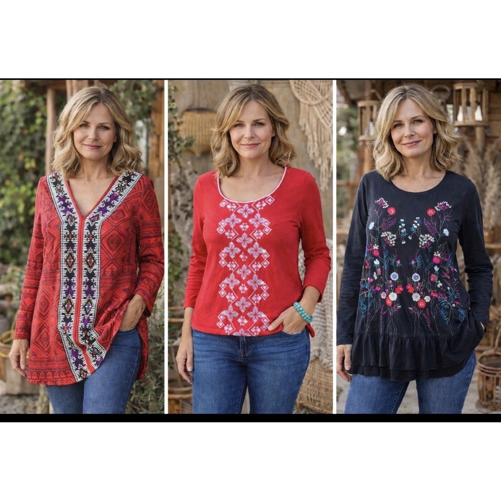 Lot 3 Women's Size SM Tunic Tops Boho Embroidered Red Black Long Sleeve Shirts